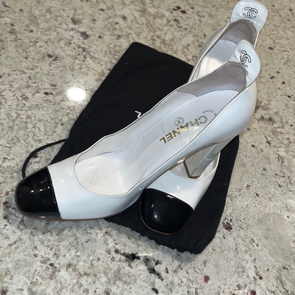 Chanel White Patent Pumps w/ Black Toe & Thick Heel